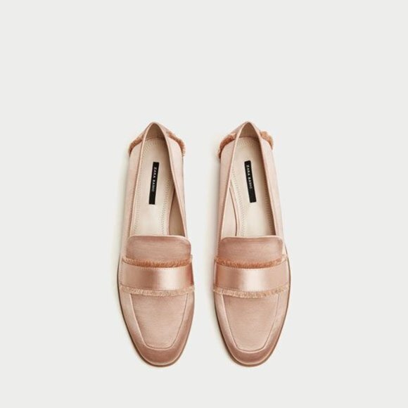 Zara Slip On Basic Satin Slip On Loafer Frayed Fringed Light Pink Womens… - Picture 4 of 11